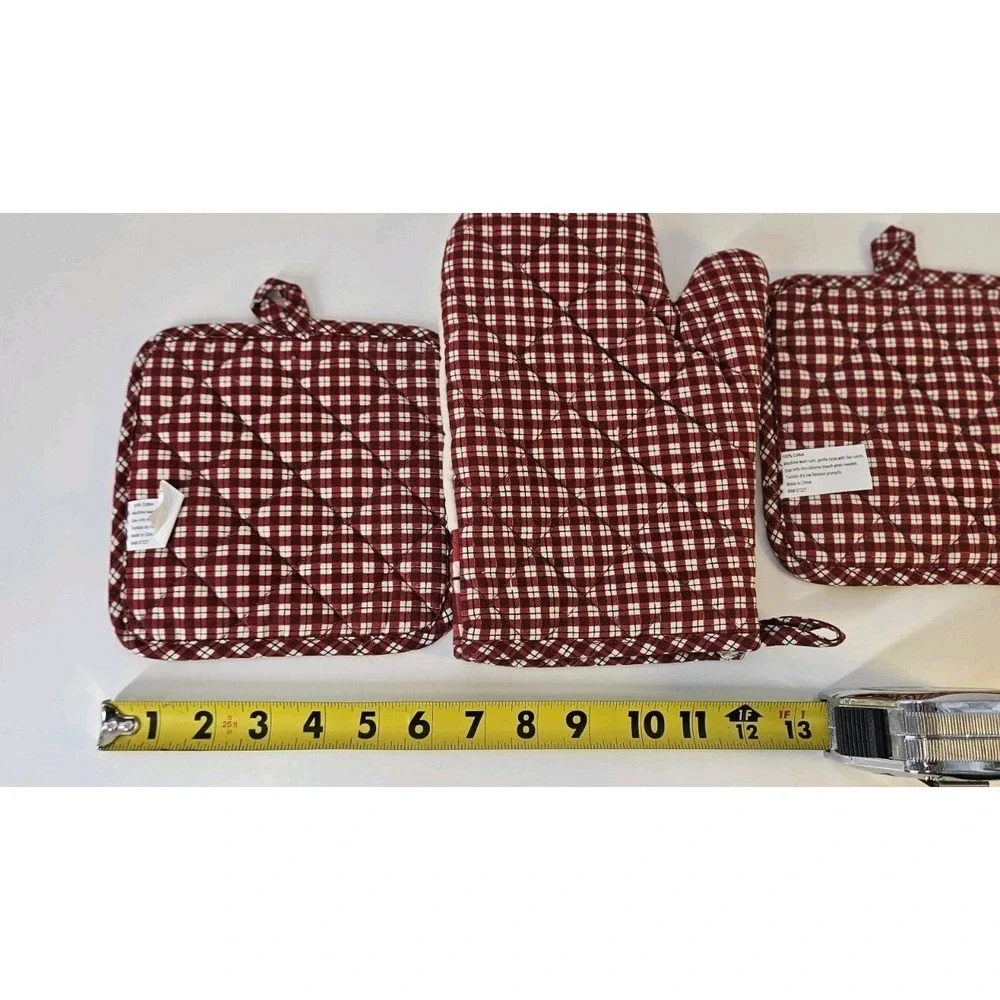 Christmas Country Farmhouse Oven Hot Mitt w 2‎ Pot Holders Quilted Plaid Cotton